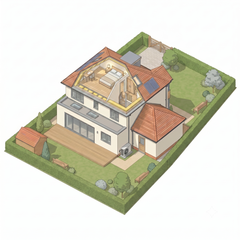 Exempted Development - Isometric View of a House showing a cutaway of the roof and an Attic Conversion inside.