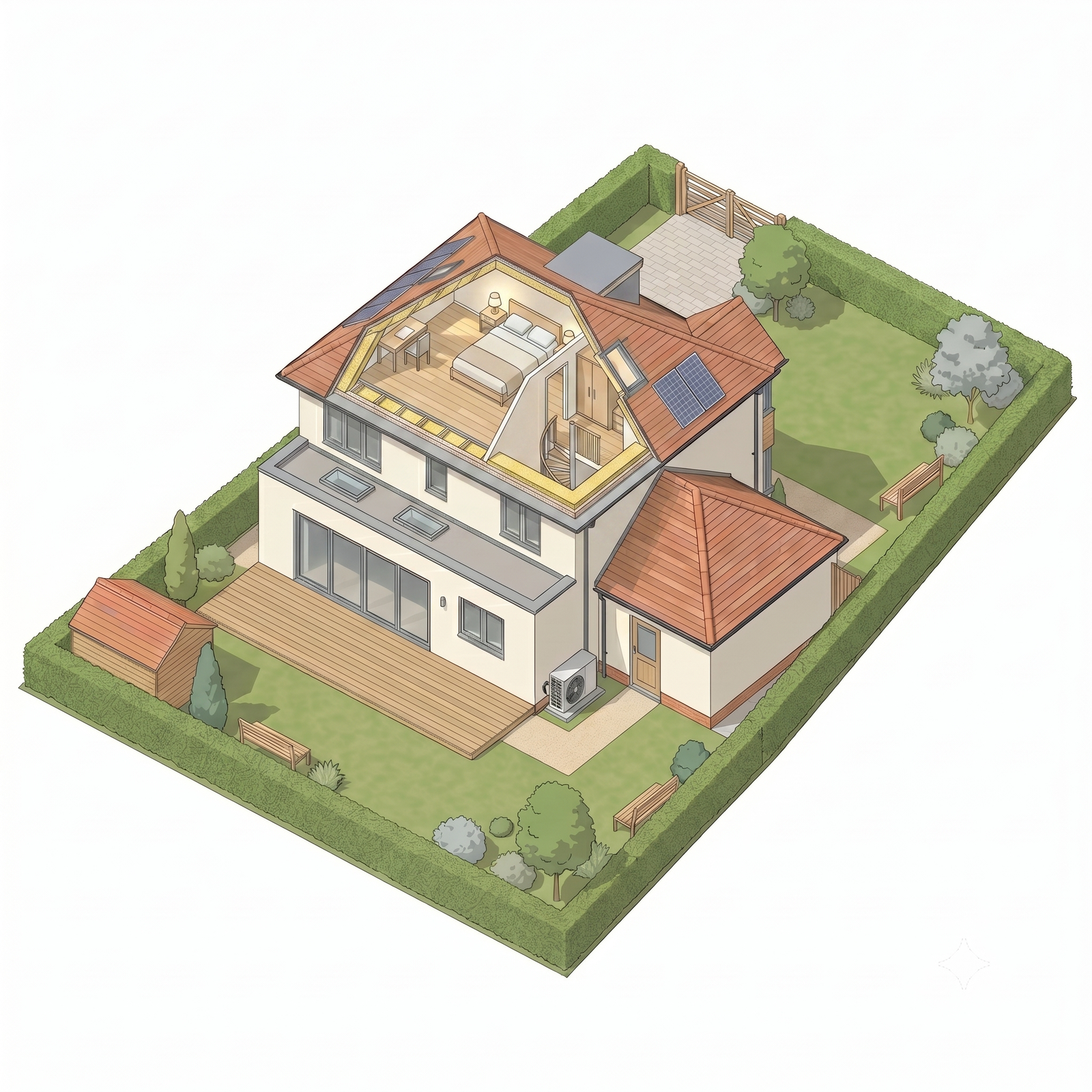 Exempted Development - Isometric View of a House showing a cutaway of the roof and an Attic Conversion inside.