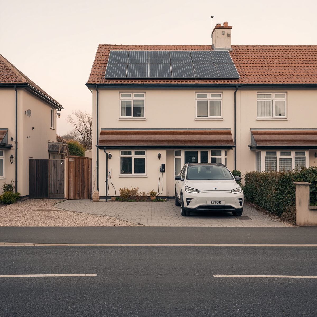 Front elevation of a semi-detached house with solar panels on the roof and an EV charger in the driveway