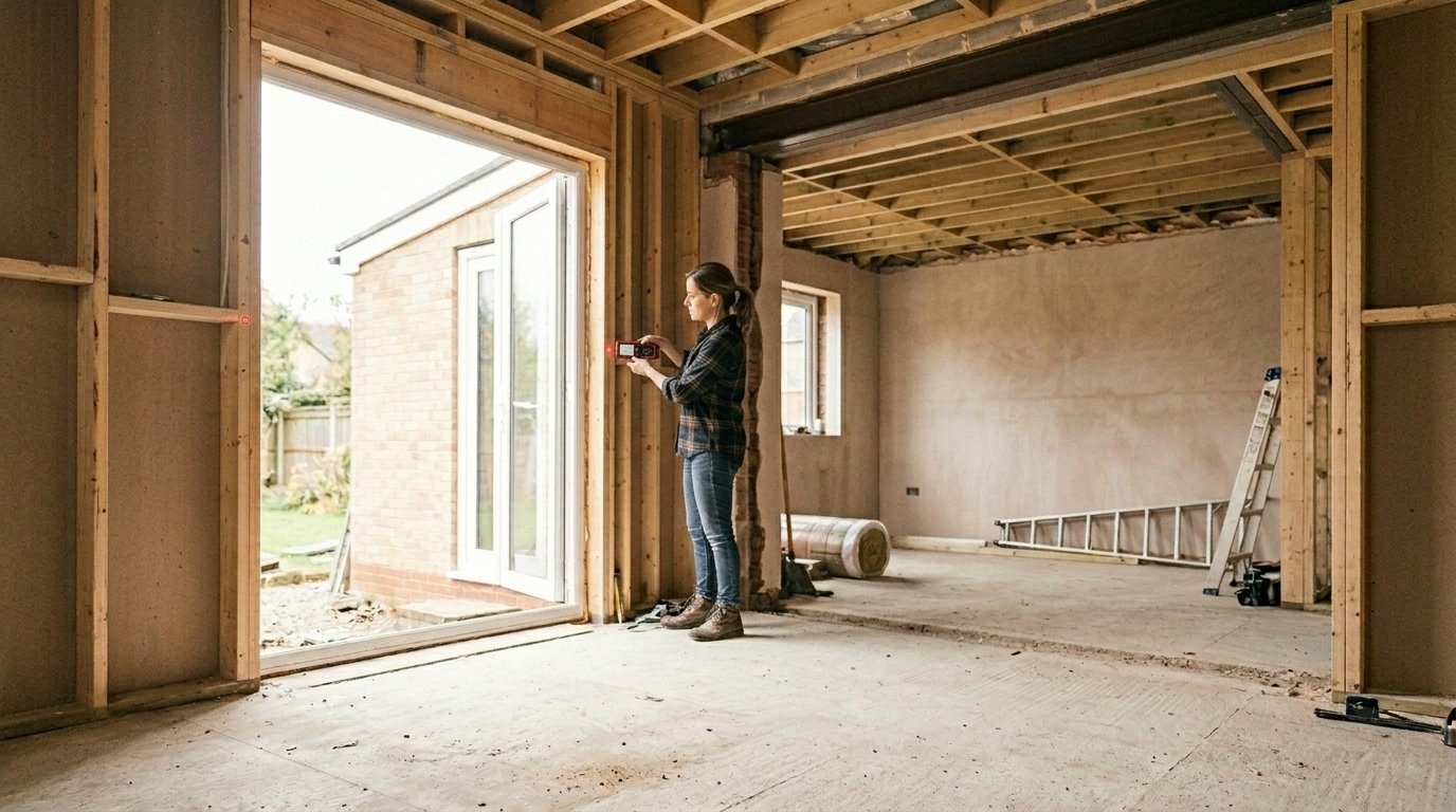Homeowner conducting a measured survey of an opening with a laser measure.