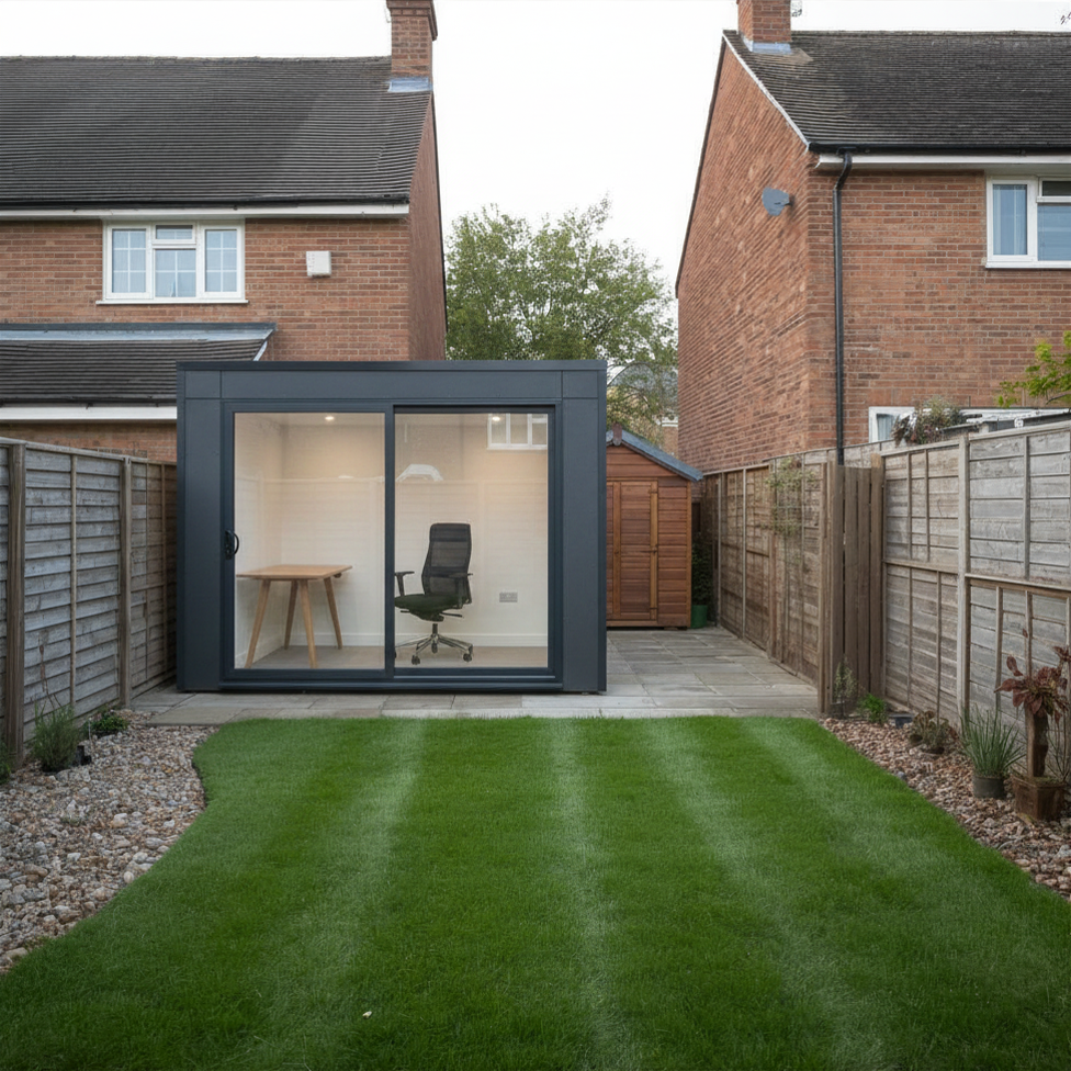 Garden office pod and timber shed in a rear garden