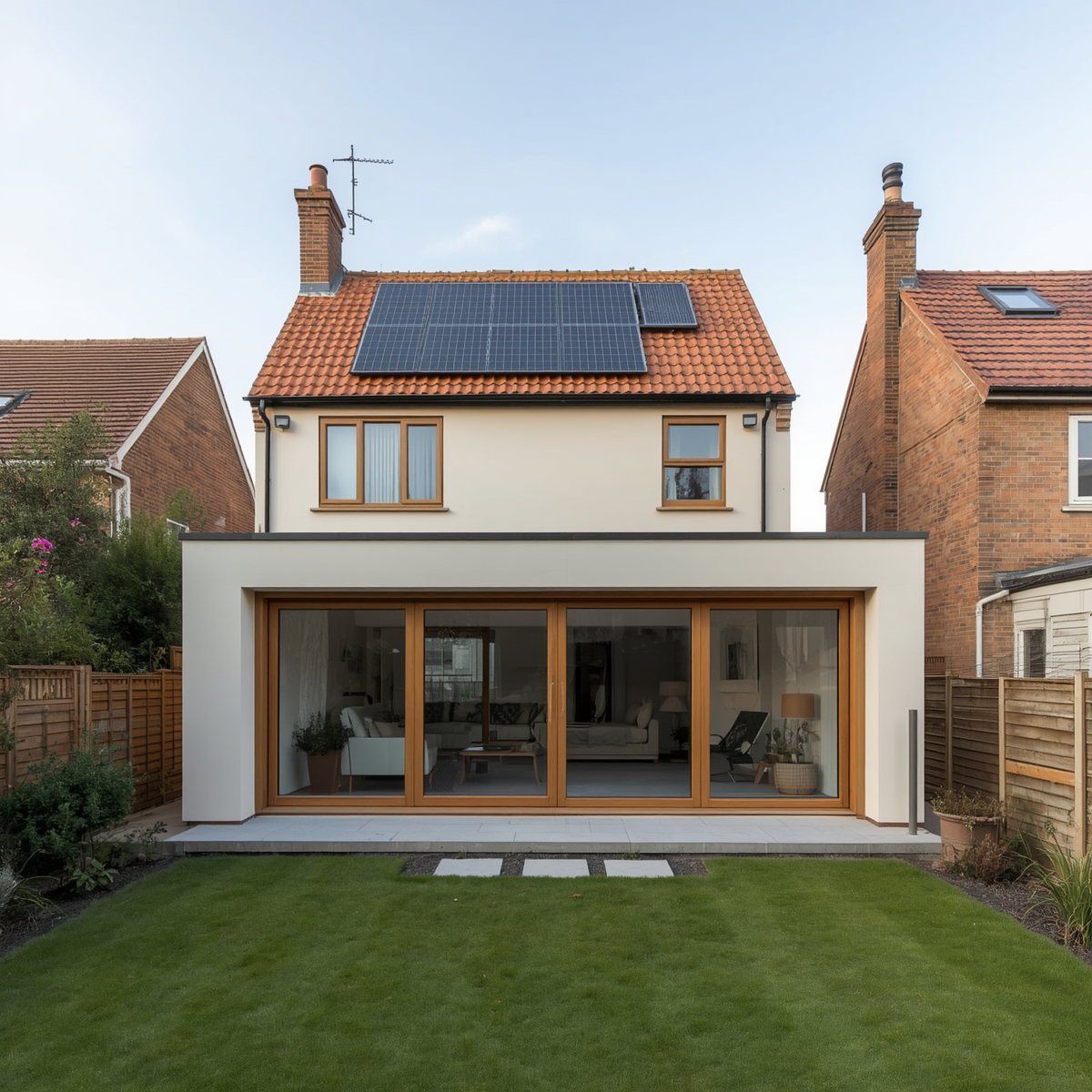 Single-storey glazed rear extension on a house with solar panels on the roof
