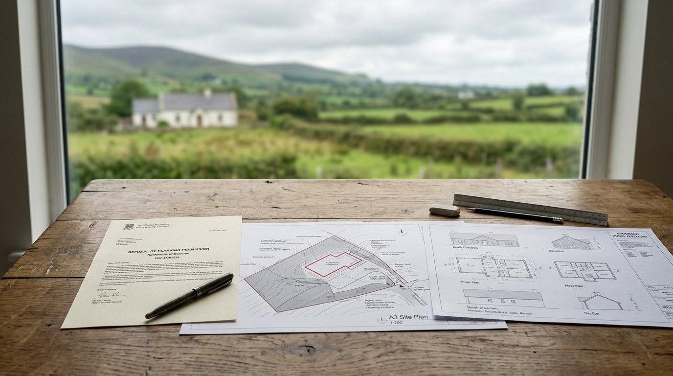 Refused planning permission -Notice of intent to refuse planning permission on table with planning drawings
